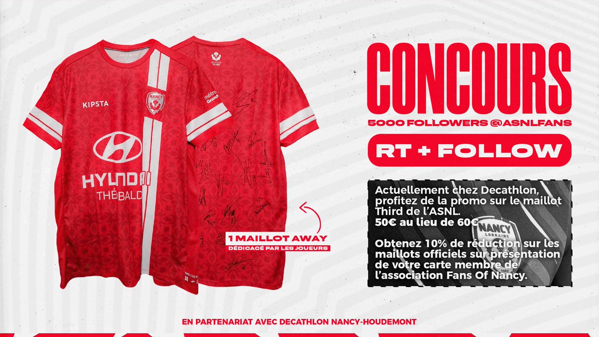 🎁 CONCOURS

Pour fêter nos 5000 followers, nous vous offrons un maillot extérieur dédicacé par tous les joueurs de l'ASNL.

Pour participer, rien de plus simple : RT + Follow
Tirage au sort mercredi 8 février à 18h ! 🍀

Merci à Decathlon Nancy, partenaire de ce concours.
