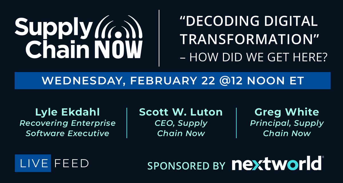 Nextworld (@nextworldinc) on Twitter photo Nextworld is proud to sponsor "Decoding Digital Transformation - How did we get here?" a <a href="/_supplychainnow/">Supply Chain Now</a> live cast featuring @Lyleekdahl, with hosts <a href="/ScottWLuton/">Scott W. Luton</a> and <a href="/gregoryswhite/">Greg White</a>. You won't want to miss it!
#DigitalTransformation Nextworld is proud to sponsor "Decoding Digital Transformation - How did we get here?" a <a href="/_supplychainnow/">Supply Chain Now</a> live cast featuring @Lyleekdahl, with hosts <a href="/ScottWLuton/">Scott W. Luton</a> and <a href="/gregoryswhite/">Greg White</a>. You won't want to miss it!
#DigitalTransformation