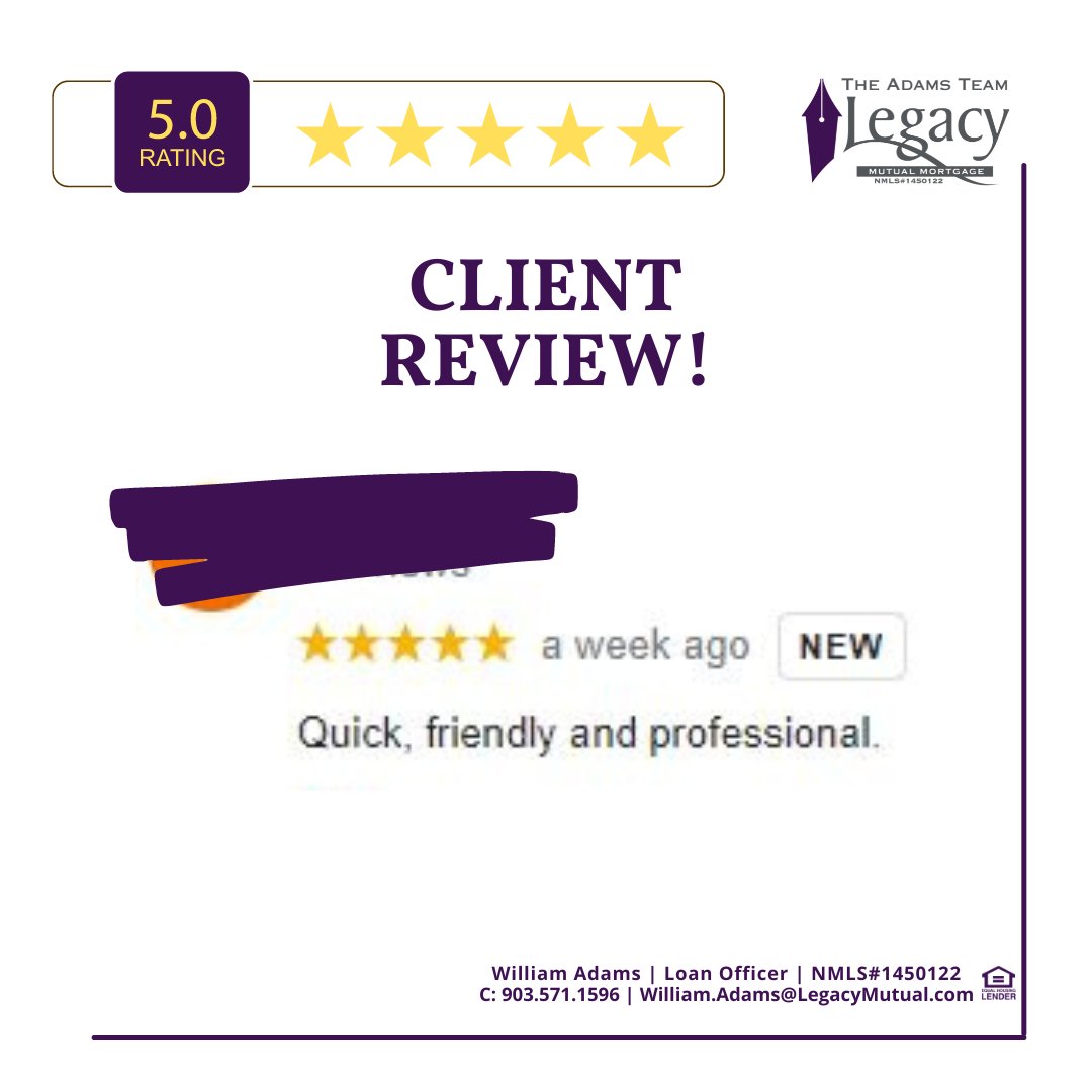 Check out our 5 Star Review this week! #TheAdamsTeam #5StarReview #YourLoanTeam #GoogleReview #FortWorth