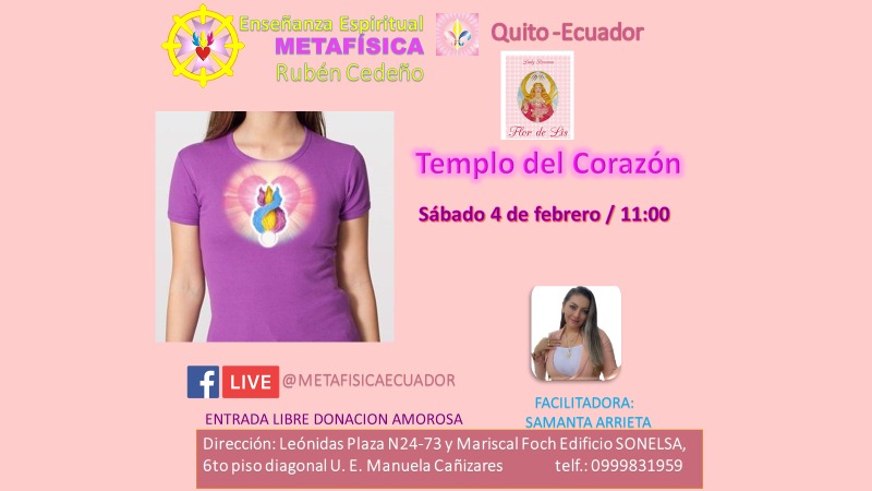 Enseñanza metafísica templo del corazón edificio Sonelsa sábado 4 de febrero a las 11:00
Donación amorosa