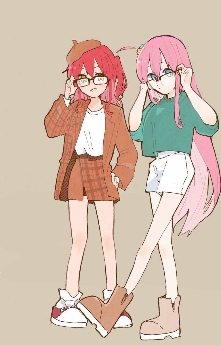 gotou hitori multiple girls 2girls pink hair glasses shirt jacket long hair  illustration images
