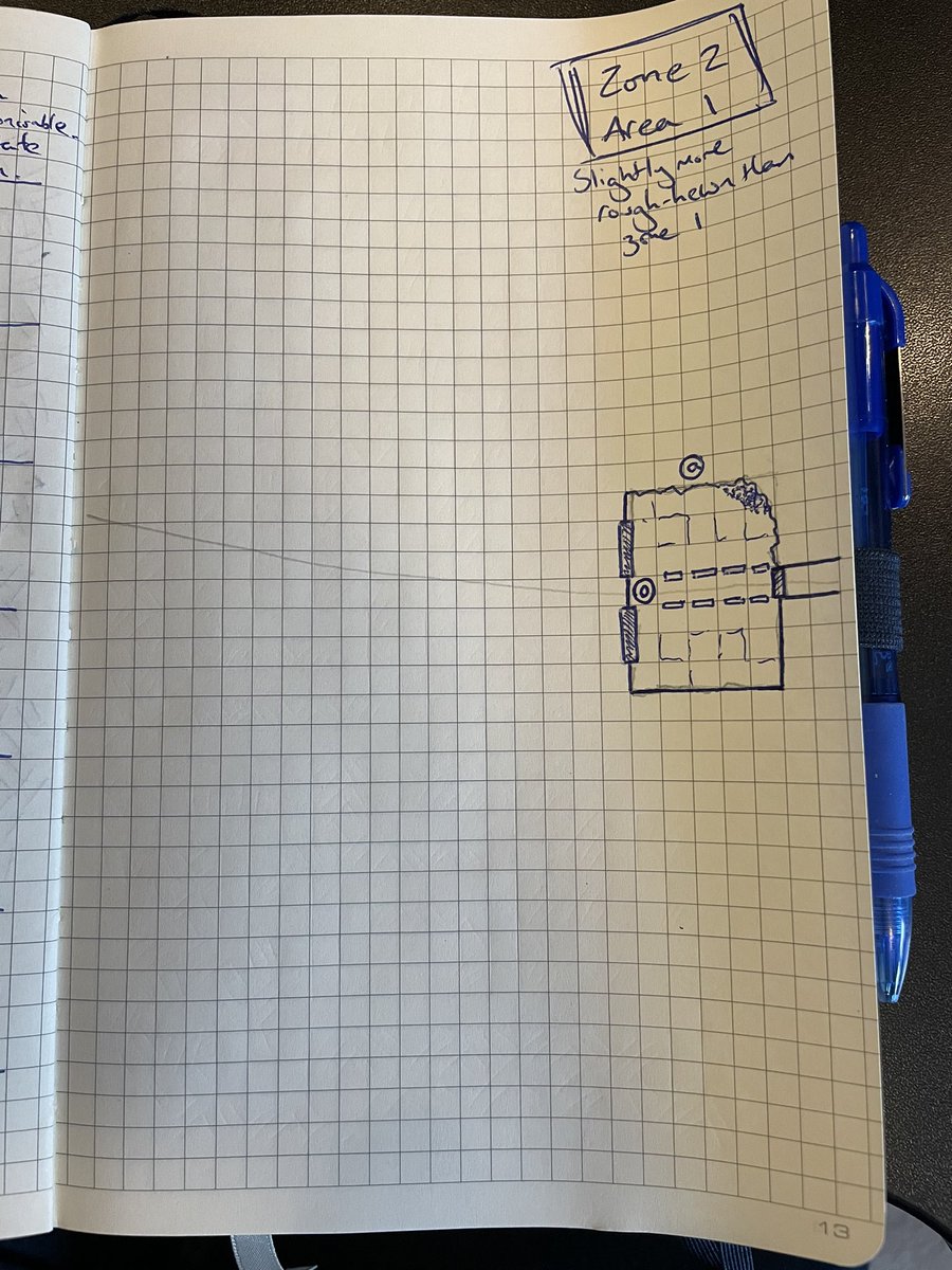 Start of zone 2: a once-grand entrance hall, in a state of disrepair. Walls are uneven, and a central walkway leads to a dilapidated statue. Two wooden doors opposite, one of which is barely hanging on #dungeon23 #shadowdark