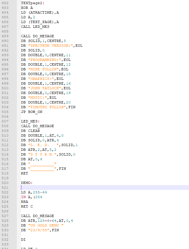 Sinclair ZX Spectrum 'LED Storm' game credits from the original