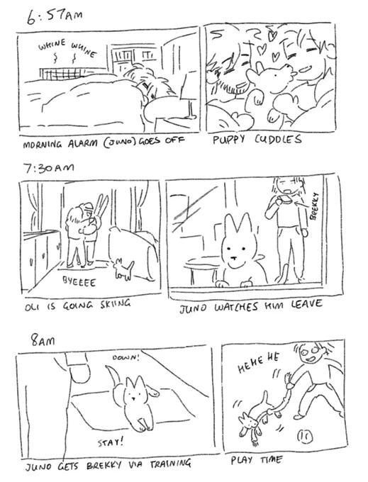 Hourly comic day 2023 aka my life belongs to a small dog now 
6:57am-8am

#hourlycomicday #HourlyComicDay2023 