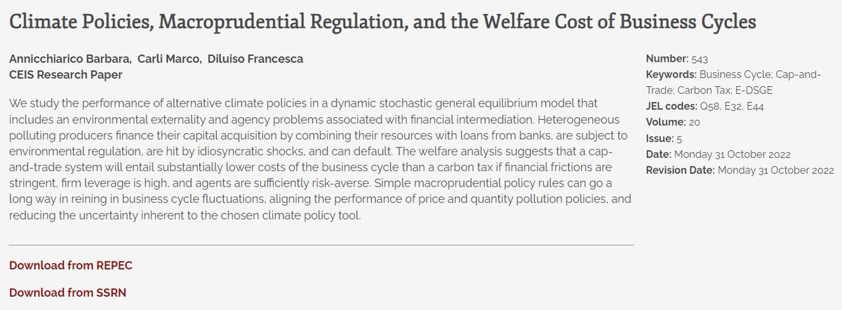 Climate Policies, Macroprudential Regulation, and the Welfare Cost of Business Cycles bit.ly/3RreDMk @Baannic MCarli @FDiluiso #BusinessCycle #CapAndTrade #CarbonTax #E_DSGE @SSRN @repec_org @EconTwitter @DEF_TorVergata @EconTorVergata @unitorvergata @Notizieincampus