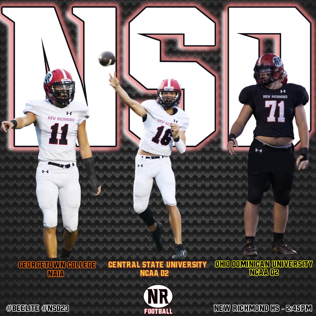 Super JUICED for these 3 NR Lions! All 3 are signing National Letters of Intent to play SCHOLARSHIP Football at the NEXT LEVEL! Congrats to <a href="/jackmoore129/">Jack Moore</a> <a href="/metzger_aj/">AJ Metzger</a> <a href="/Bilbobobby_71/">William foster</a> #BeElite #NSD23 <a href="/NREVSD/">New Richmond EVSD</a> <a href="/nrhsathletics/">Doug Foote</a>