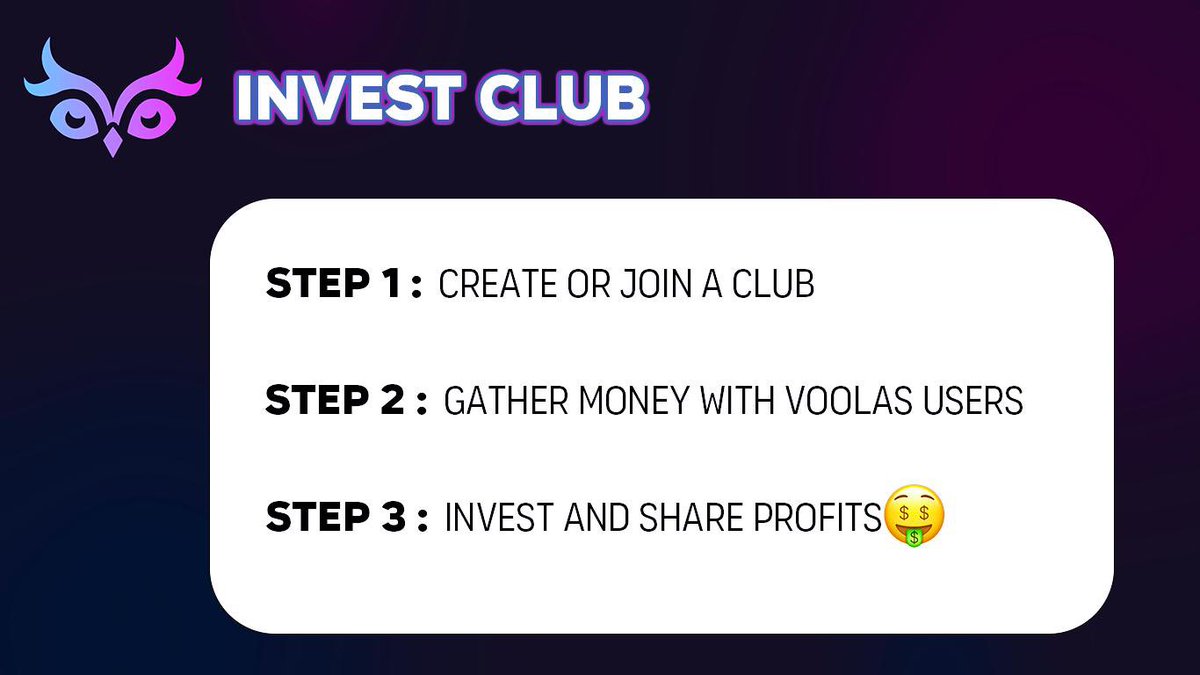 Gm web3 🚀

We’re introducing Voola's Investment Club❗️

▫️Create groups, pool resources, and make decisions with a community of like-minded NFT enthusiasts. 
Experience a new level of democratization in digital asset investment.