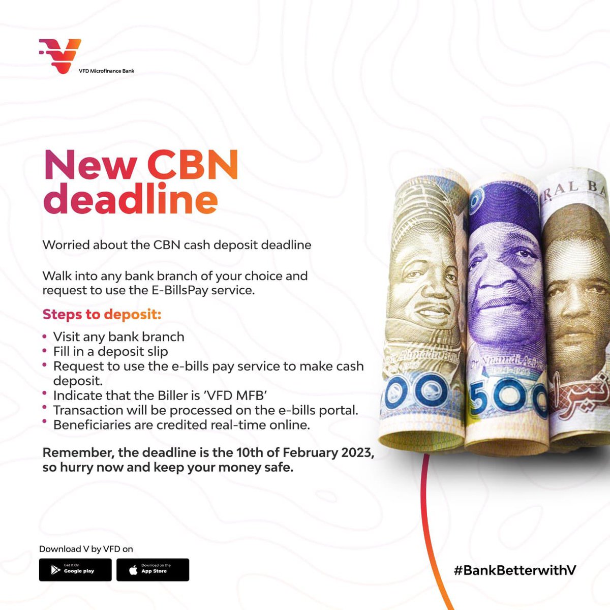 ayanfenikky's tweet photo. Carry all those old naira notes wey you keep for your kolo and run ππΎββοΈ deposit them for your @vbankng account sharp sharp, before the CBN deadline meet am for your house.
Afterwards, keep banking with ease from the comfort of your phone.
#GoCashlessWithV https://t.co/XvFV9d1GDj