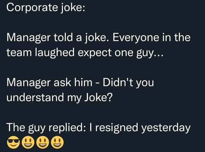 Abdullahbuddy's tweet photo. I resigned yesterday

#incometax #Corporate #joke #meme #abdullahmangi https://t.co/JElKE5iQ14