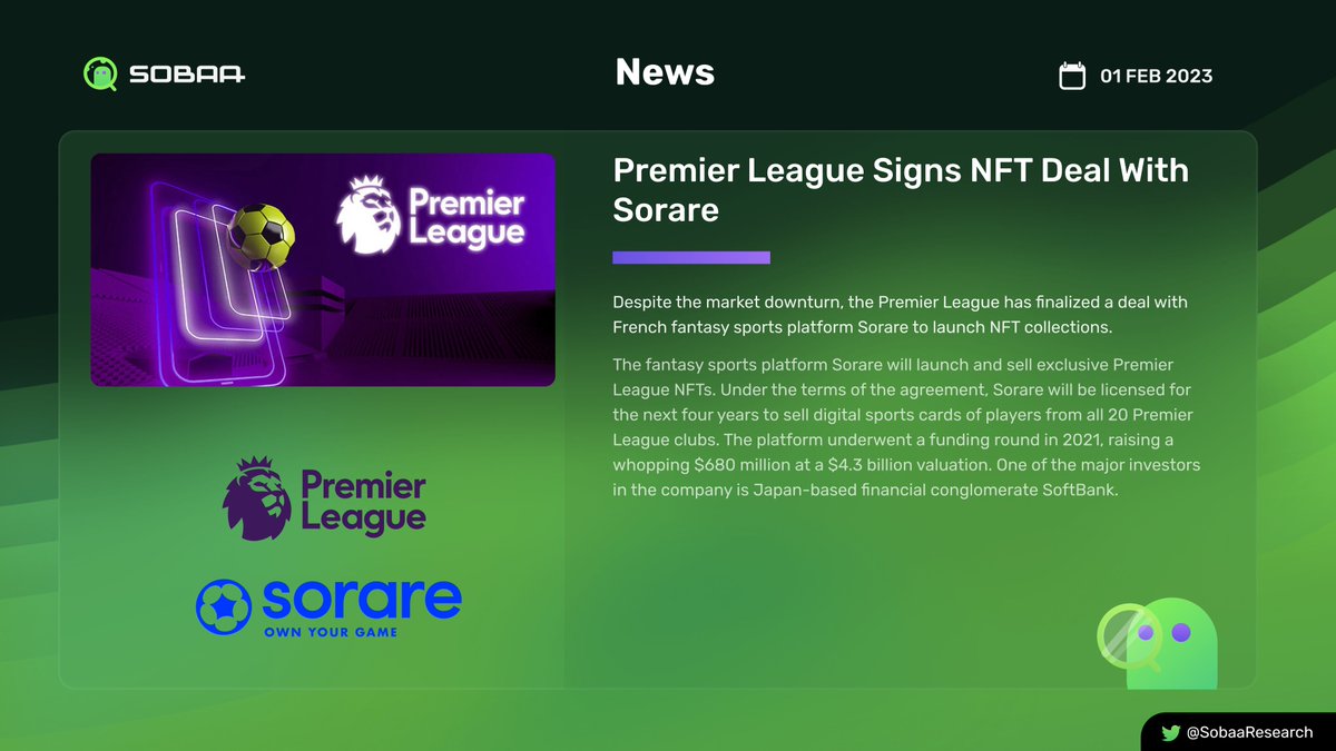 Premier League Signs NFT Deal With Sorare @premierleague @Sorare #NFTs #NFTsDeepResearch #Sobaa #SobaaResearch #News #Premierleague #Sorare