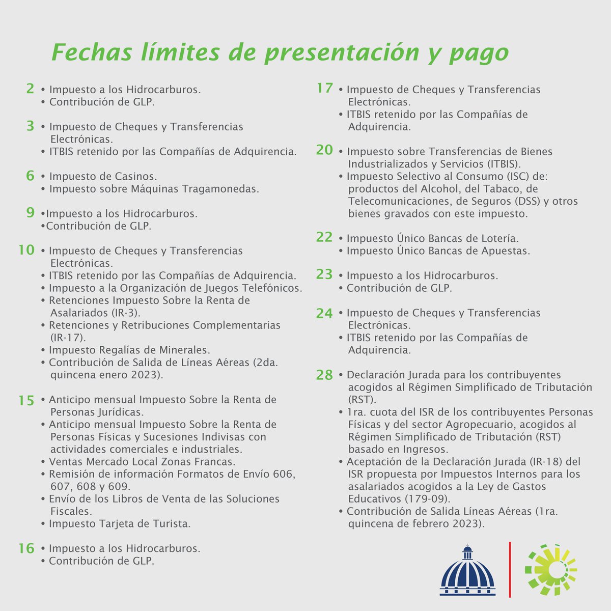 DGii's tweet photo. Conoce las fechas para el pago de tus impuestos del mes de febrero del año 2023. 

¡Agéndalas con tiempo!

#DGII #Contribuyentes #Impuestos https://t.co/W6mpFqLV3p