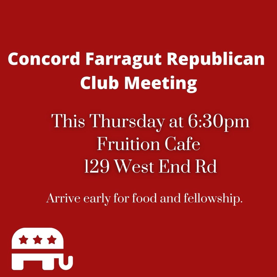 KnoxRepublican's tweet photo. This Thursday 630pm Concord Farragut Republican Club meeting at Fruition Cafe located at 129 West End Rd. https://t.co/Sgf2FyOjDQ