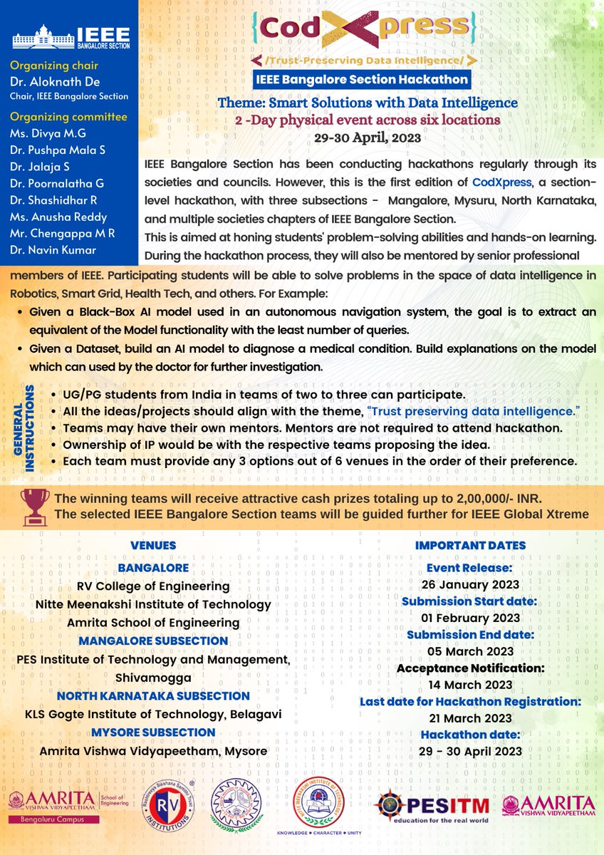 ieee_section's tweet image. We are excited to invite you all to participate in CODXPRESS 2023,

The first edition of the flagship hackathon hosted by the IEEE Bangalore Section 

The curtain raiser is set on:
Date: 10-Feb-2023
Time: 06:00 PM
Register now for the webinar: bit.ly/codxpressCurta…