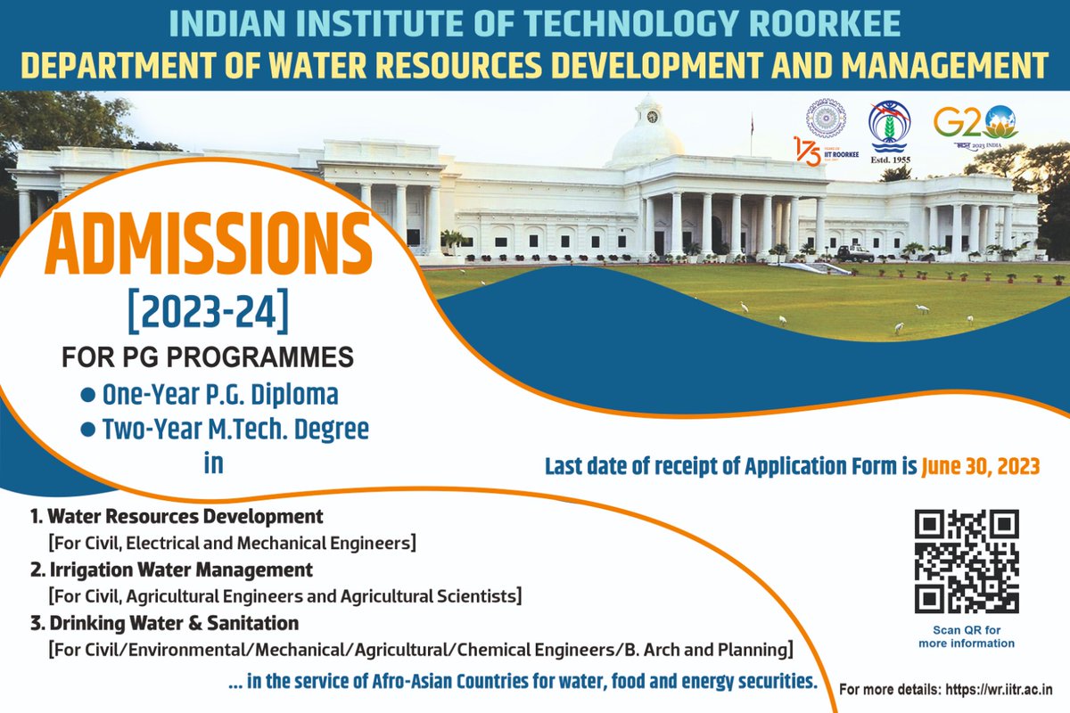 The Department of Water Resources Development and Management, <a href="/iitroorkee/">IIT Roorkee</a>  is offering three PG programmes (One-year P.G. Diploma and Two-year M.Tech. degree).
The Last date of receipt of application form is June 30, 2023.
Kindly scan the QR code for more details
