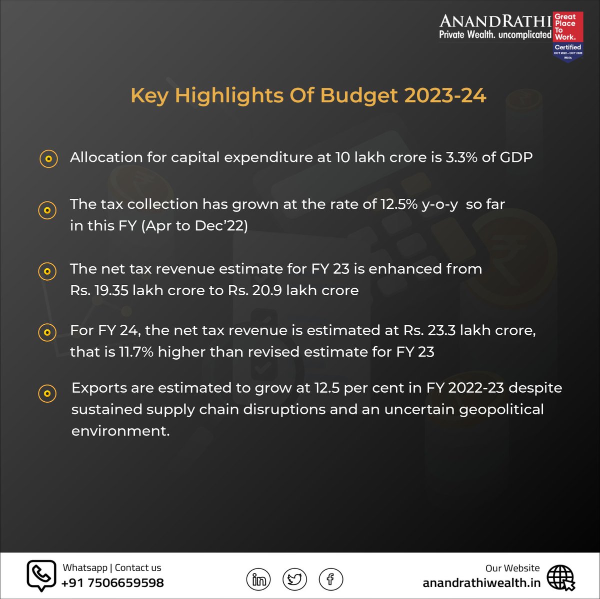 #UnionBudget2023

𝐊𝐞𝐲 𝐇𝐢𝐠𝐡𝐥𝐢𝐠𝐡𝐭𝐬 𝐎𝐟 𝐔𝐧𝐢𝐨𝐧 𝐁𝐮𝐝𝐠𝐞𝐭 𝟐𝟎𝟐𝟑-𝟐𝟒.

Know more: anandrathiwealth.in/landing
#budgetsession #Budget2023 #anandrathiwealth #mathematicalrevolution #uncomplicated #makeithappen #financialplanning #personaltax #tax #incometax