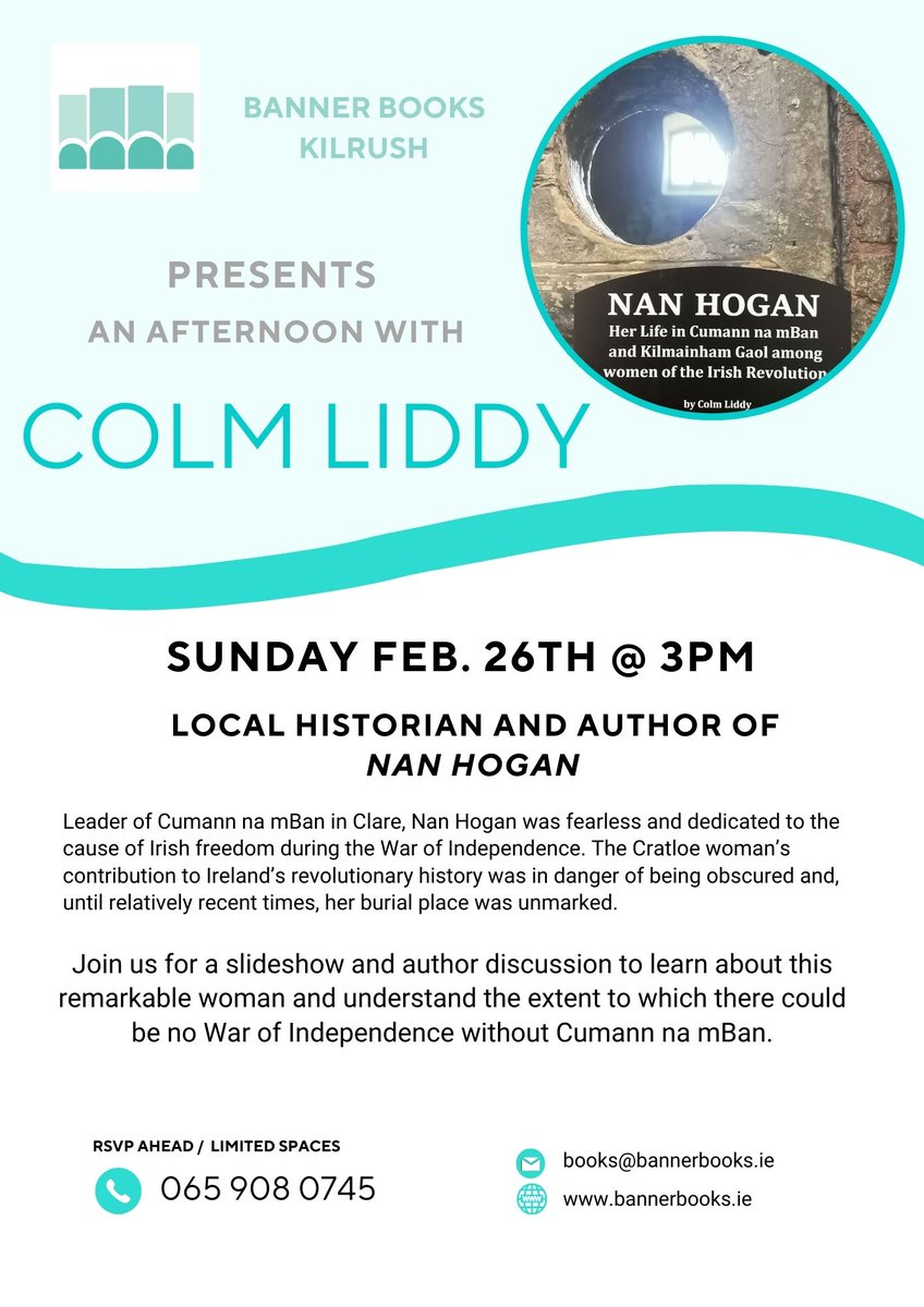 Banner_Books's tweet photo. Colm Liddy will be at Banner Books Kilrush at 3 p.m. on Sunday 26 February to talk about Nan Hogan and the local Cumann na mBan. There might be tea and biscuits too... https://t.co/9i6IqR4gun