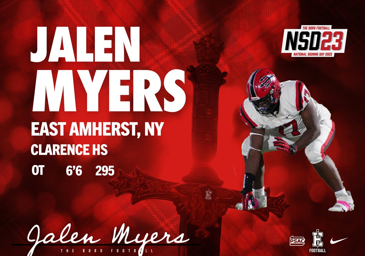 EdinboroFB's tweet photo. Welcome to #THEBORO!

Offensive Tackle Jalen Myers (@JalenMyers77) !

🏫 Clarence High School

📍 East Amherst, NY

📽 https://t.co/TbkLxVAM8d

#NationalSigningDay2023 https://t.co/OJiKEnOhP0