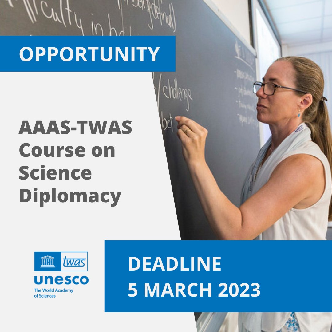 Scientists and policymakers can now apply to attend an in-person course in Trieste on the intersection of science and diplomacy! 

The course will take place in person in Trieste, Italy, from 19–23 June, with help from our key partners: <a href="/aaas/">AAAS</a> and <a href="/Sida/">Sida</a>! twas.org/article/call-o…
