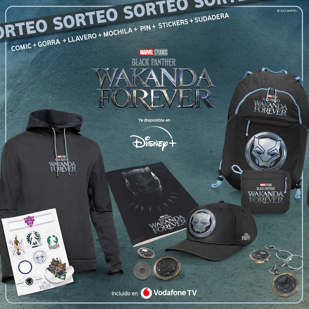 VodafoneTV_es's tweet photo. ⚡️SORTEO⚡️

#BlackPanther: #WakandaForever ya está disponible en Disney+ y lo celebramos juntos con este pack brutal solo para muy fans😍

1⃣ Sigue nuestra cuenta y la de @DisneyPlusES 
2⃣ Haz RT y etiqueta a un amigo

Si ganas... ¡tú y esa persona recibiréis un pack cada uno! https://t.co/217s6sU02W