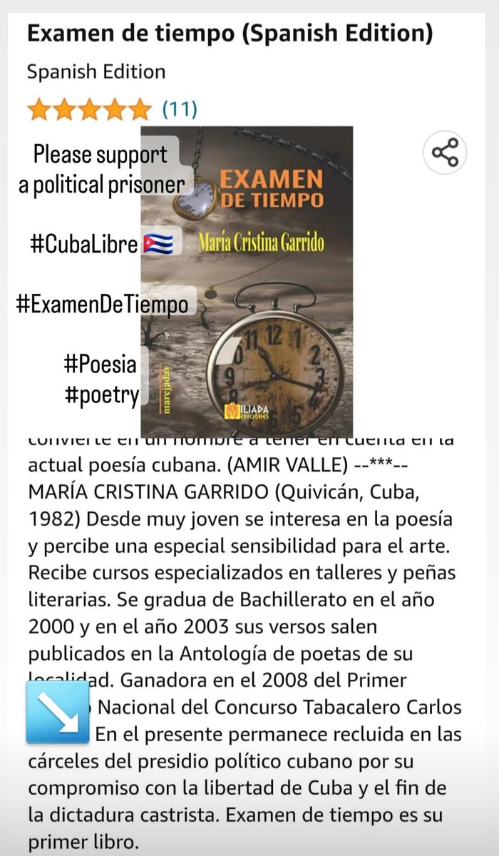 Por favor apoyar a Maria Cristina Garrido, presa política en #Cuba 

#Libro de #poesía Examen de Tiempo escrito por ella. En @amazon 

#MariaCristinaGarrido 
#ExamenDelTiempo
#FreePoliticalPrisoners 
#CubaEstadoTerrorista