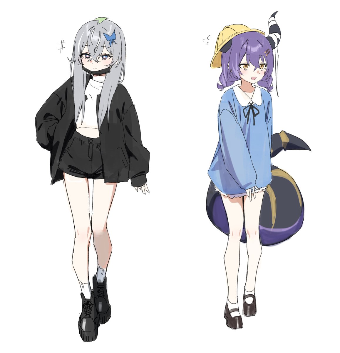 multiple girls 2girls horns purple hair jacket tail hat  illustration images