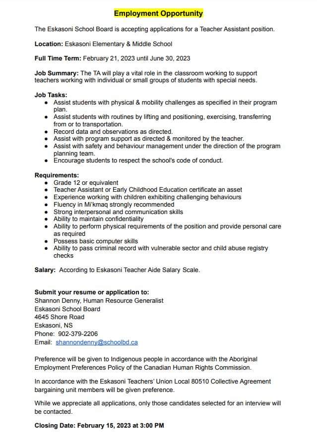 Employment Opportunity - Teacher Assistant