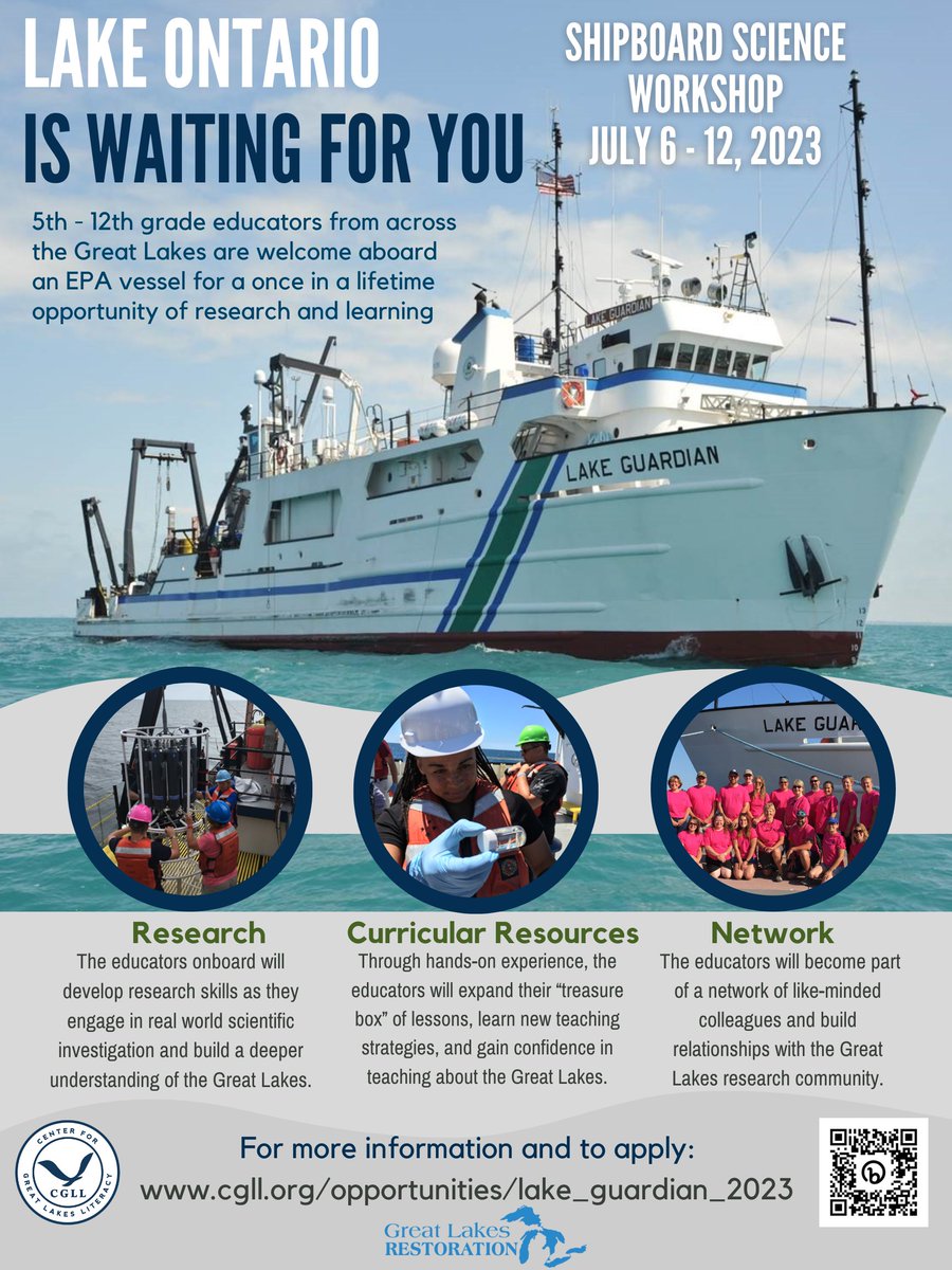 Teachers/educators apply by 2/13 to join <a href="/CGLLiteracy/">Ctr for GL Literacy</a> &amp; <a href="/Cornell/">Cornell University</a> @SUNYESF <a href="/EPA/">U.S. EPA</a> researchers 7/6-12 on #LakeOntario Shipboard Science Wrkshp. Bring #GreatLakes data collection/analysis back to your classroom! Apply bit.ly/lakeguardian20… More Info bit.ly/cglllakeguardi… <a href="/SeaGrant/">NOAA Sea Grant</a>