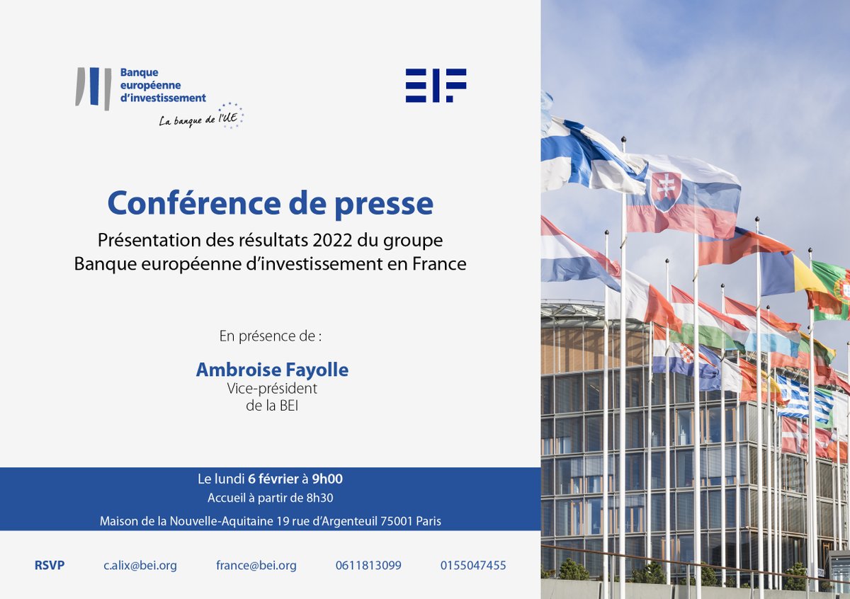 BEI en France (@beifrance) on Twitter photo Le vice-président de la <a href="/EIB/">European Investment Bank</a> Ambroise Fayolle présentera lundi 6 février à 9h00 les résultats de la banque publique de l'#UE en 2022 en France : priorité au financement de la #transitionenergetique de l'#innovation et au soutien aux #PME. A lundi ! Le vice-président de la <a href="/EIB/">European Investment Bank</a> Ambroise Fayolle présentera lundi 6 février à 9h00 les résultats de la banque publique de l'#UE en 2022 en France : priorité au financement de la #transitionenergetique de l'#innovation et au soutien aux #PME. A lundi !