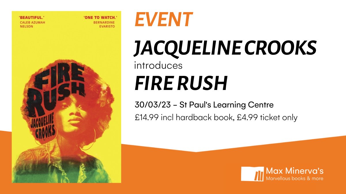 maxminervas's tweet image. Fire up the event soundsystem🔊 
We're thrilled to bring Jacqueline Crooks (@Luidas) to @StPaulsLC on 30/03, to discuss #FireRush, with food from the famous #GlensKitchen.
@BernardineEvari calls it "Mesmerising, imaginative and incantatory".  
bit.ly/3YdbzW3