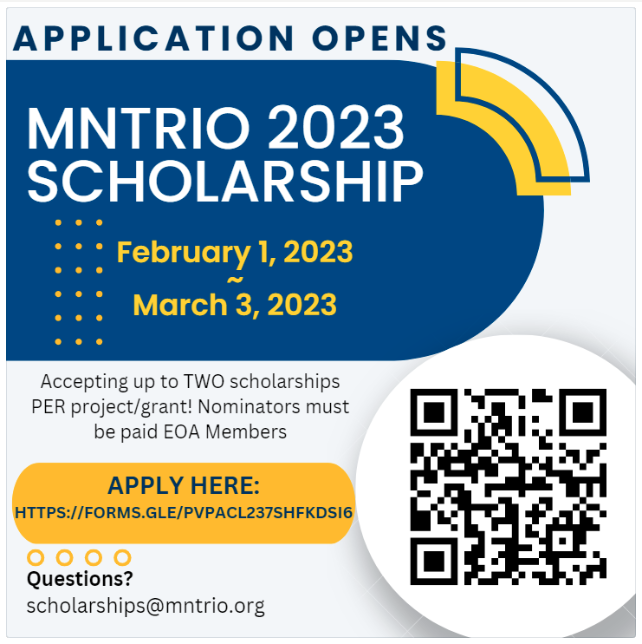 MNTRiO's tweet photo. MN TRIO Scholarships are open for 2023. Find more information on how to nominate students here: https://t.co/NztazYYFzm

MNTRIO Scholarships 2023 opens today, Feb 1, 2023, and closes on March 3, 2023! https://t.co/LgqfFIps8h