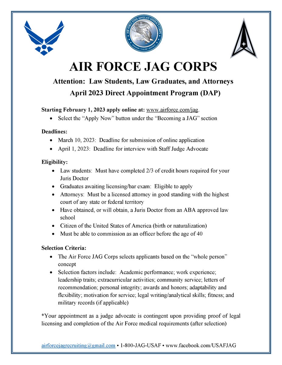 Interested in applying for the Air Force JAG Corps? The application window for our April 2023 Direct Appointment Program Board opens today, 1 February. The deadline is 10 March. If you have questions please reach out to 1-800-JAG-USAF or airforcejagrecruiting@gmail.com.