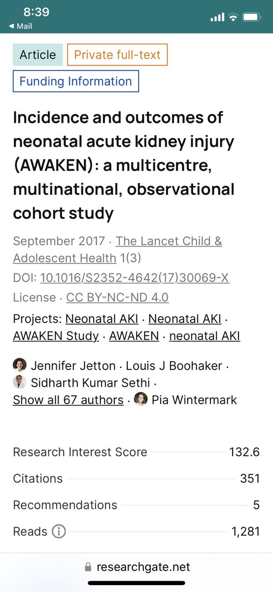 What a milestone - the inaugural ⁦<a href="/NeonatalKidney/">Neonatal Kidney Collaborative (NKC)</a>⁩ manuscript with first author Jennifer Jetton ( aka ⁦@atomic_kidney⁩) just hit 350 citations and over 1280 reads. Anyone know what a research index score of 132 means? Congrats to all involved. #WakeUp