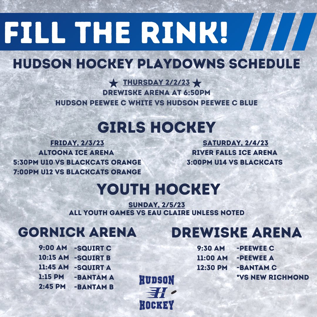 HudsonHockeyWI's tweet image. It’s going to be a busy few days at the rinks! Stop out and cheer on the Raiders in Hudson, Altoona and River Falls! 

#playdowns #hudsonhockey #goraiders @WAHA_Hockey