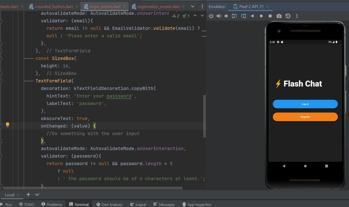 arefa_noori's tweet photo. Adding TextFormField instead of TextField to #flash_chat project .
#Flutter
#AfghanGirlsCode 
@CodeToInspire https://t.co/geSNA0m7lE