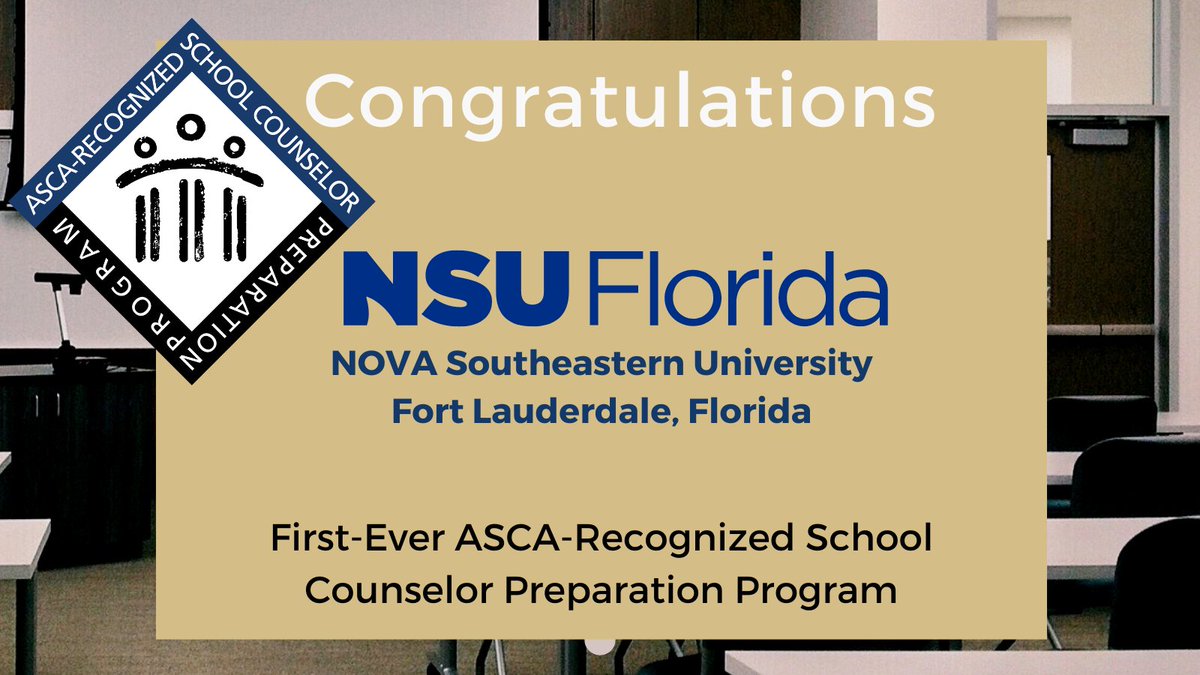 We are excited to announce that <a href="/NSUFlorida/">Nova Southeastern U.</a> is the FIRST program to be named an ASCA-Recognized School Counselor Preparation Program. Learn more about NSU at nova.edu/index.html and about the ASCA Recognition at schoolcounselor.org/Recognition/AS…. Way to go Sharks!