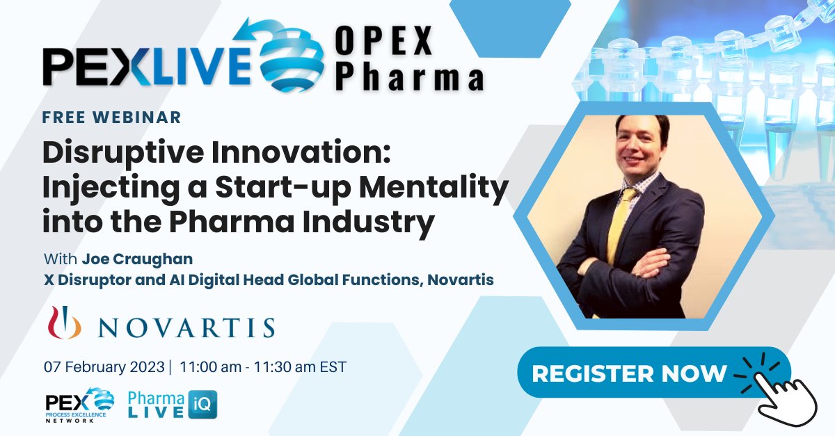 Take a look at the future of disruptive innovation in #pharma with insights from Joe Craughan X disruptor at <a href="/Novartis/">Novartis</a> 

Learn how to:
✔ Secure executive sponsorship for projects
✔ Embed a holistic, start-up tech mentality

✅ Register now: bit.ly/3XLpLp9