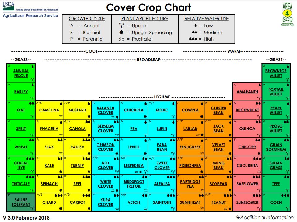 FieldAdvisor's tweet image. The @USDA Cover Crop Chart is designed to assist producers with decisions on the use of cover crops in crop and forage production systems. 

Info on growth cycle, seeding depth, nutrient cycling, and more are included for most crop species. Learn more - bit.ly/3wHzils
