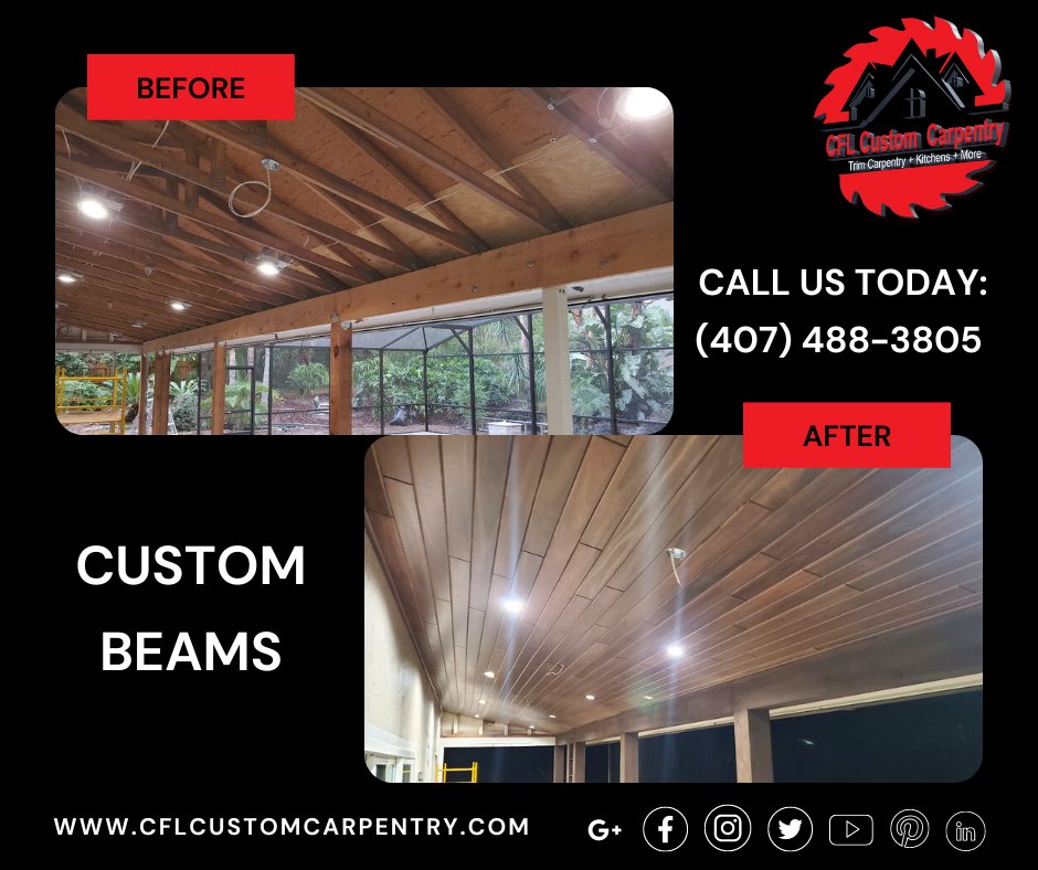 CFLCarpentry's tweet image. From dull and plain to stunning and unique - check out the amazing transformation of our outdoor ceiling! Call us today: (407) 488-3805 #customcarpentry #finishcarpentry #customceiling #homeimprovement