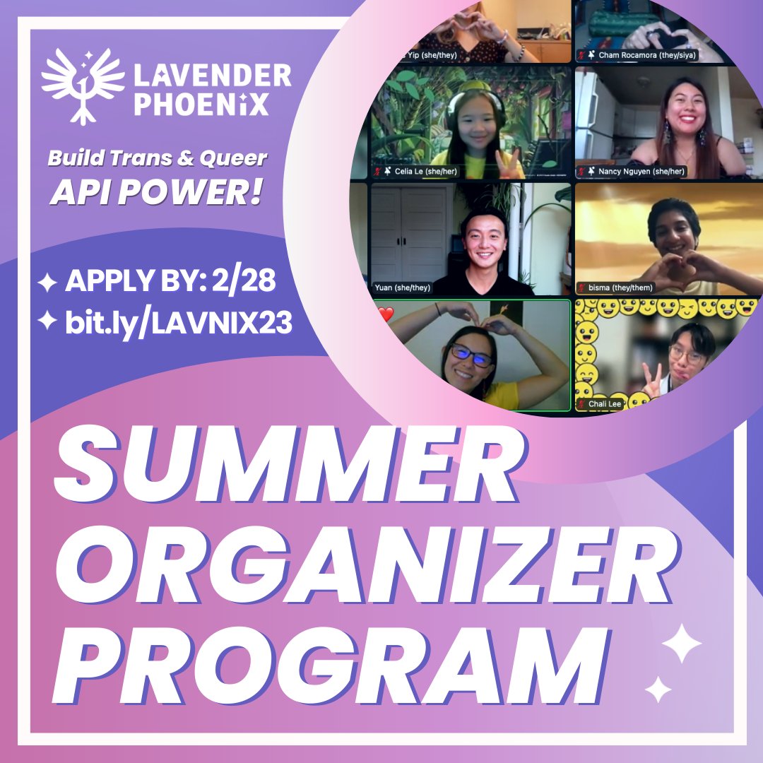 📣 APPLY FOR LAVNIX’S SUMMER ORGANIZER PROGRAM! 📣 We’re looking for young trans, non-binary and queer Asians and Pacific Islanders ready to grow into lifelong organizers! Check out all the info here: bit.ly/LAVNIX23