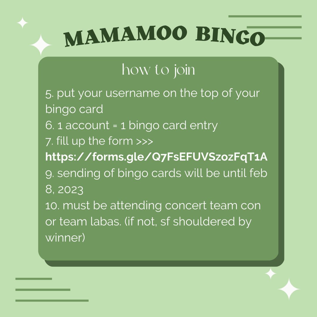 cheolwonpalee's tweet photo. <#MAMAMOOinPH> <#MYCONinMNL>

MAMAMOO BINGO
-Game day: FEB 10, 2023
-Deadline of card submission: FEB 8, 2023
-Submit your entries here: https://t.co/aDYWbRE083
-Prizes will be posted prior to game day
-Will try to look for prizes sponsor para marami winners
-Prize MIC ON inlus https://t.co/yb45CX5TPK