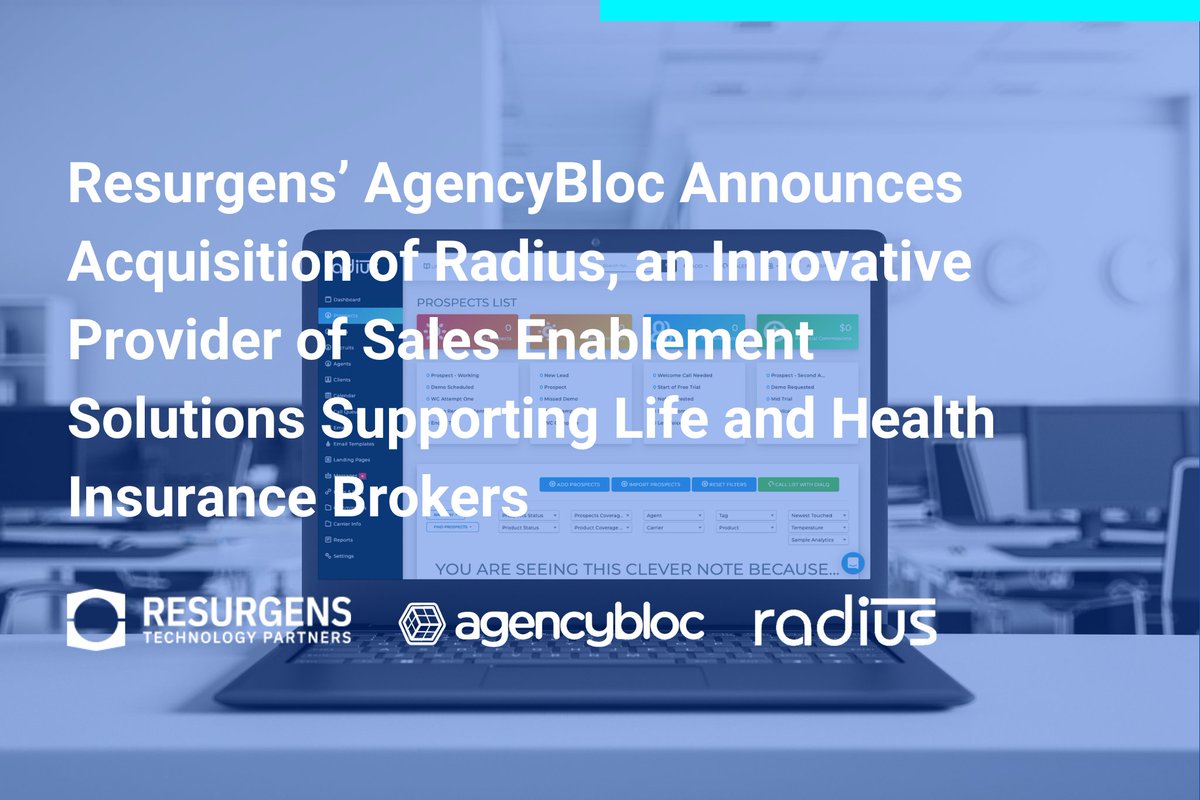 We are excited to announce our portfolio company <a href="/agencybloc/">AgencyBloc</a> has acquired @radiusbob, an innovative provider of sales enablement solutions for insurance brokers. resurgenstech.com/agencybloc-acq…
#privateequity #insurancesoftware