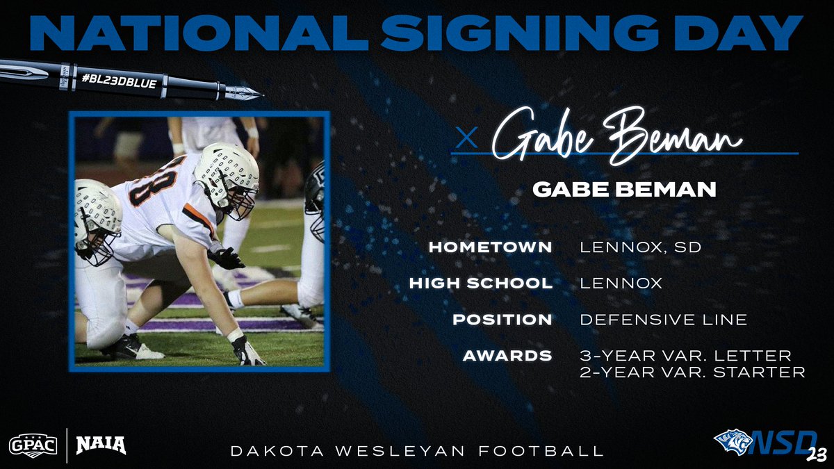 We are excited to announce Gabe Beman to the Dakota Wesleyan Tiger Family! The newest addition to The Dark Side!
#BL23DBLUE #LeaveALegacy