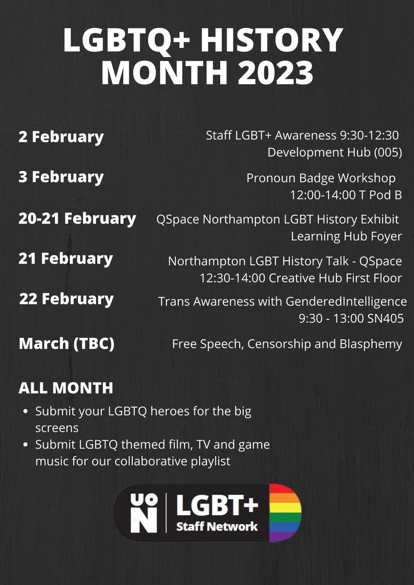 Here is our updated LGBTQ+ History Month Schedule, a couple of reschedules but we hope to see you at our events across the month.

#LGBTQHistoryMonth #UON