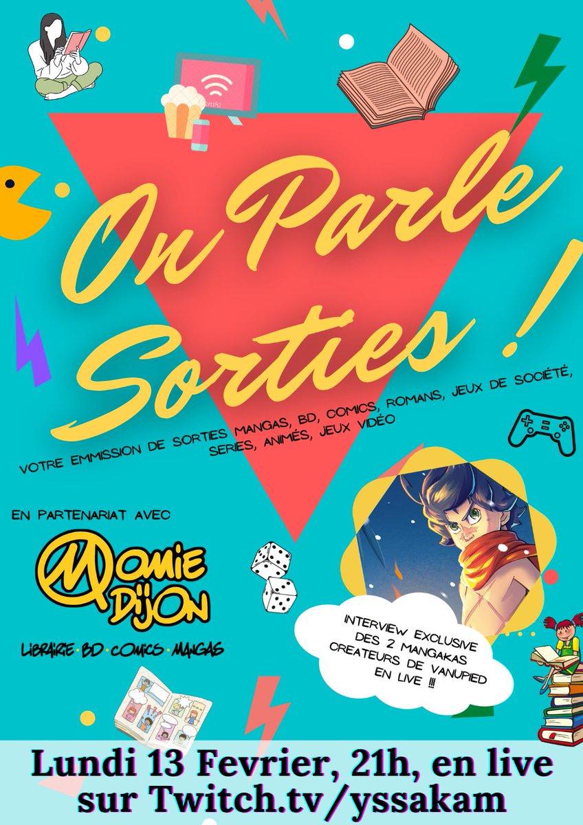 yssakam's tweet photo. Soirée #OnParleSorties sur les sorties #Mangas, #jeux, #bd, #comics, #romans #series #jeuxvideo ...ça va se dérouler Lundi 13/02 sur Twitch !
Interview exclusive en live de Maluko et Valne, mangakas Français auteurs de #vanupied !
#jeuxdesociete #popculture #live #twitch https://t.co/CKmRcEVhMF