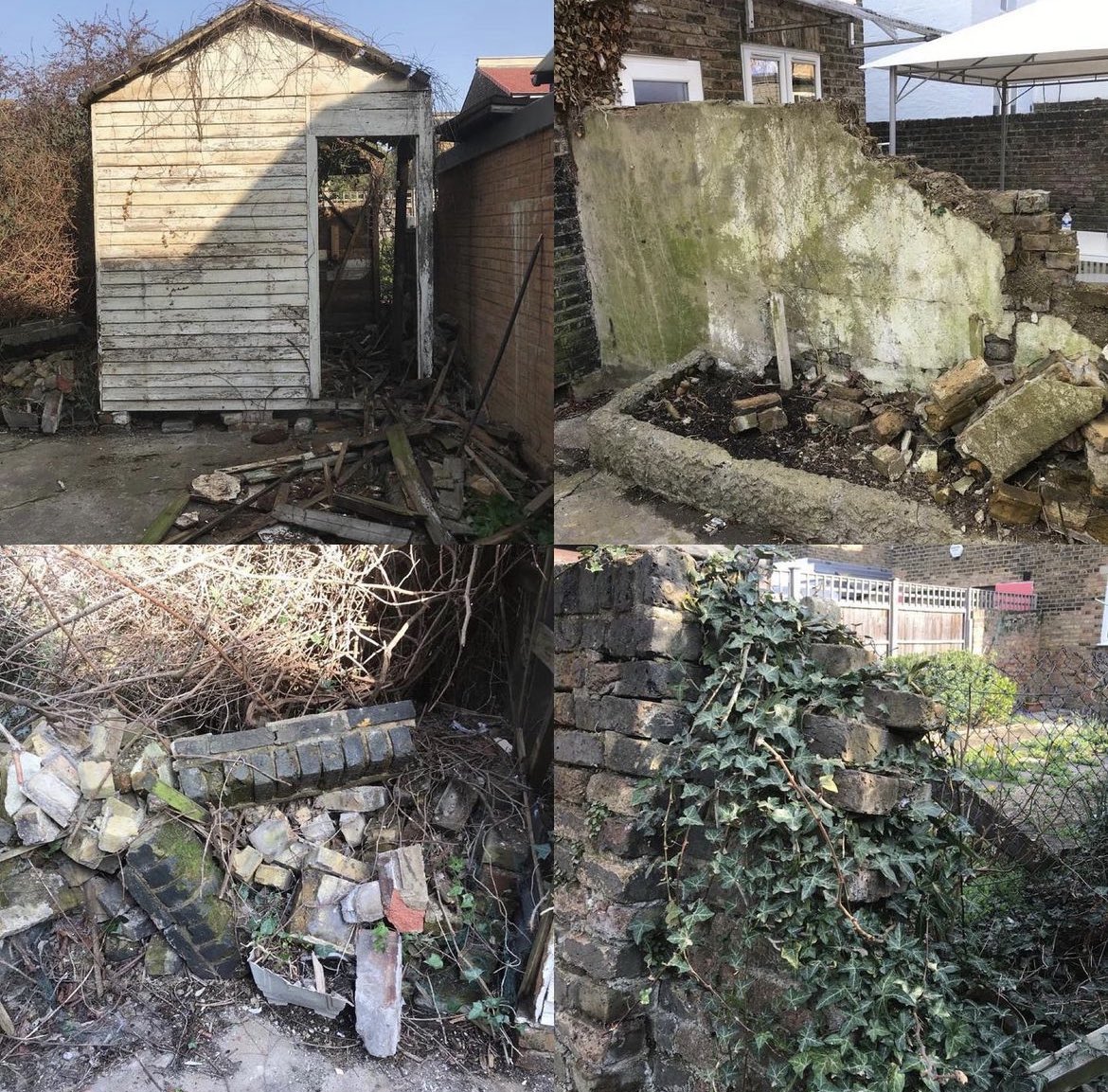 Demolition of large wooden shed and brick wall and fence to be reinstated. Contact us on 0203 323 0017 or email us at info@clearthelot.com #gardenbeforeandafter #gardenplan #gardenprojects #gardenlandscaping #gardenstyling #gardeninginspiration #gardendesignideas #homegardens