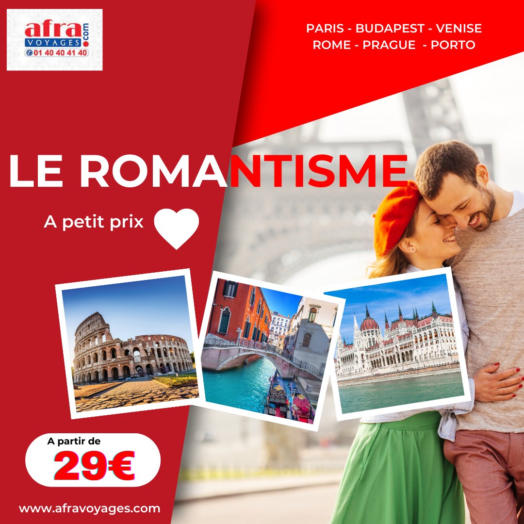 AfraVoyages's tweet photo. Offrez- vous un petit moment en amoureux et à petit prix!
#afravoyages#saint-valentin#amour#voyage#paris#rome#prague#venise#porto#budapest https://t.co/CZcU6PAopB
