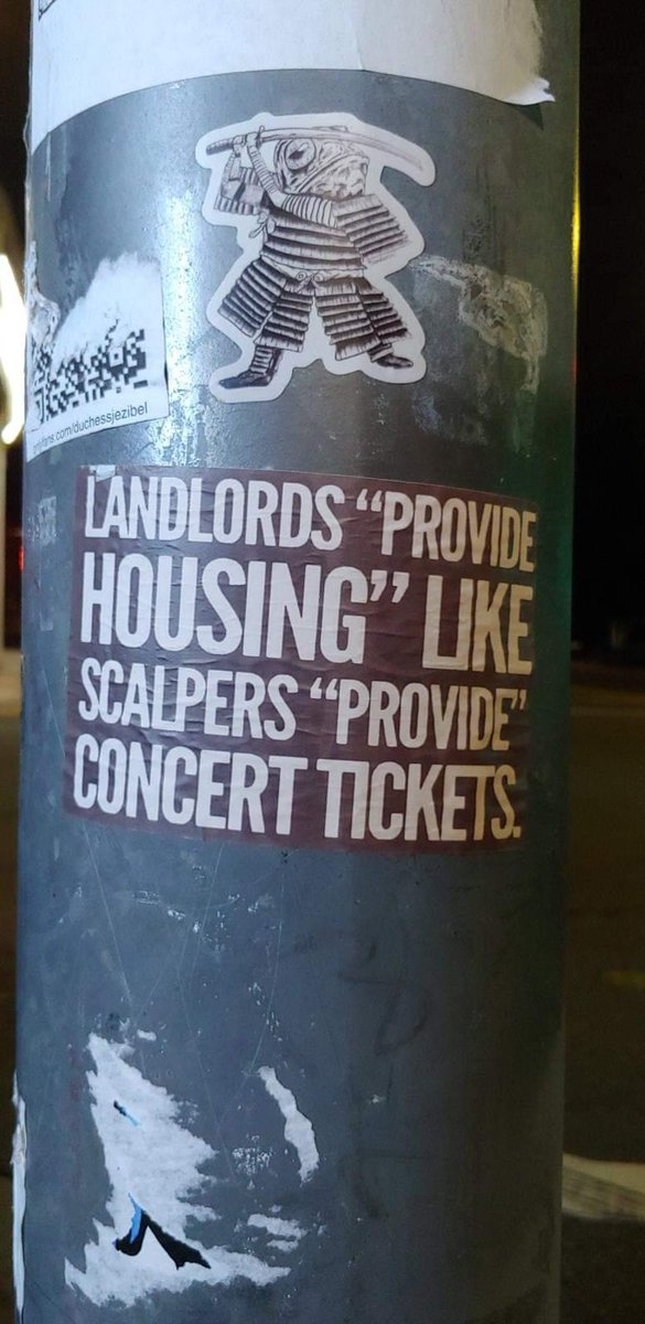 GraffitiRadical's tweet photo. Landlords "provide housing" like scalpers "provide" concert tickets.

Sticker spotted in Redlands, California https://t.co/oTWDrgKPWl