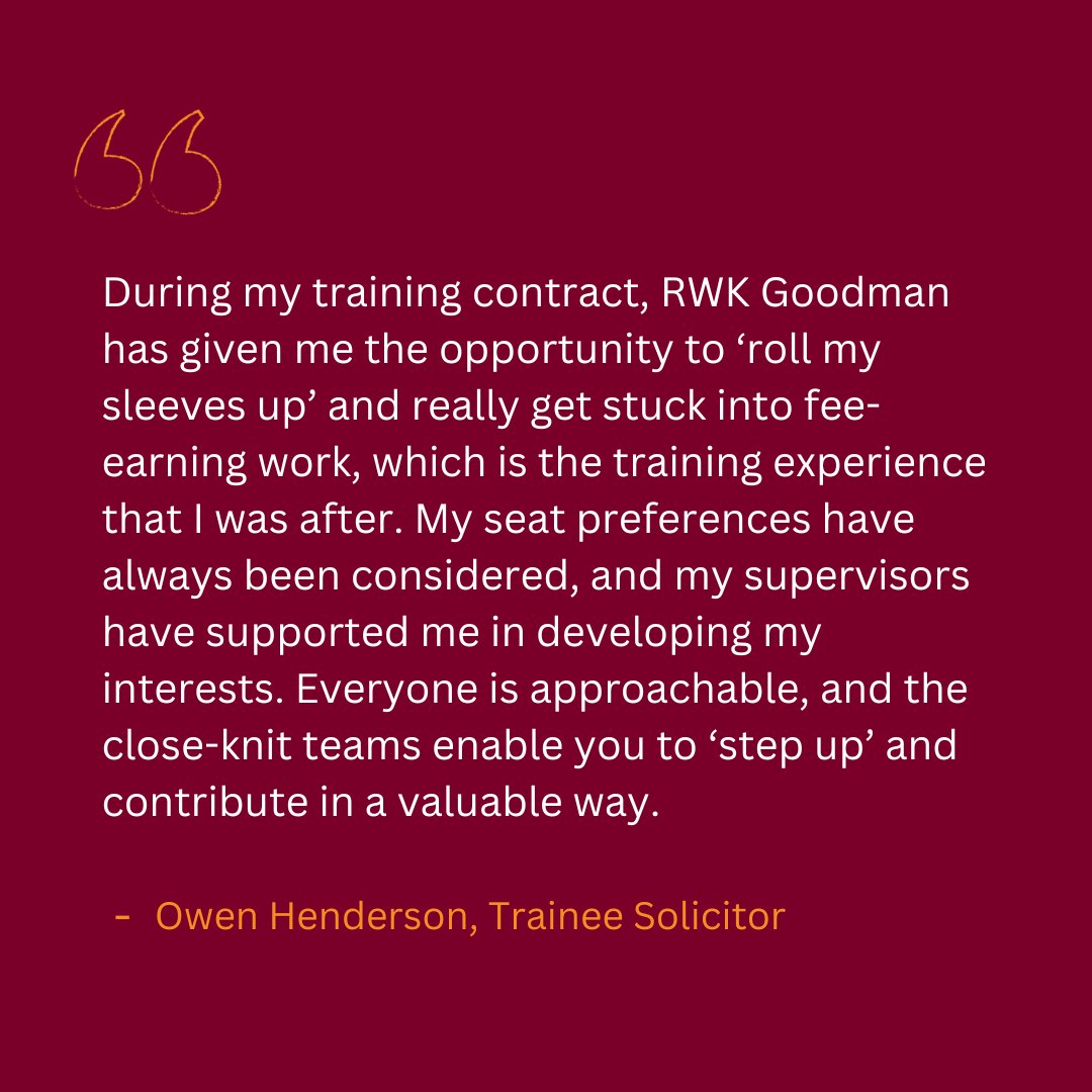 It's a great feeling to have received such a wonderful testimonial from one of our trainee solicitors!

Apply for a place on our Vacation Scheme or a place on a Training Contract Assessment Day > rwkgoodman.com/life-at-rwk-go…

#RWKG #TraineeSolicitor #LegalExcellence #trainingcontract