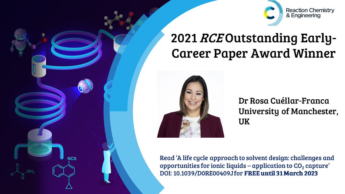 Reaction Chemistry & Engineering (@rsc_reactioneng) on Twitter photo <a href="/RSC_ReactionEng/">Reaction Chemistry & Engineering</a> are delighted to announce the winners of the 2021 and 2022 Outstanding Early Career paper award
The 2021 recipient is Dr Rosa Cuéllar-Franca <a href="/UoMChemEng/">UoM Chemical Engineering</a>
for her leadership on this paper looking at a life cycle approach to solvent design
doi.org/10.1039/D0RE00… <a href="/RSC_ReactionEng/">Reaction Chemistry & Engineering</a> are delighted to announce the winners of the 2021 and 2022 Outstanding Early Career paper award
The 2021 recipient is Dr Rosa Cuéllar-Franca <a href="/UoMChemEng/">UoM Chemical Engineering</a>
for her leadership on this paper looking at a life cycle approach to solvent design
doi.org/10.1039/D0RE00…