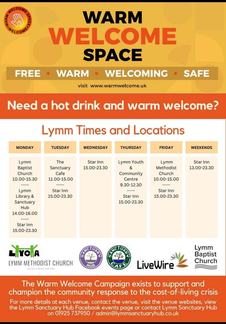 Warm Spaces venues in Lymm. A warm welcome given to all. #Community #companionship #localhereos #itswhatwedo